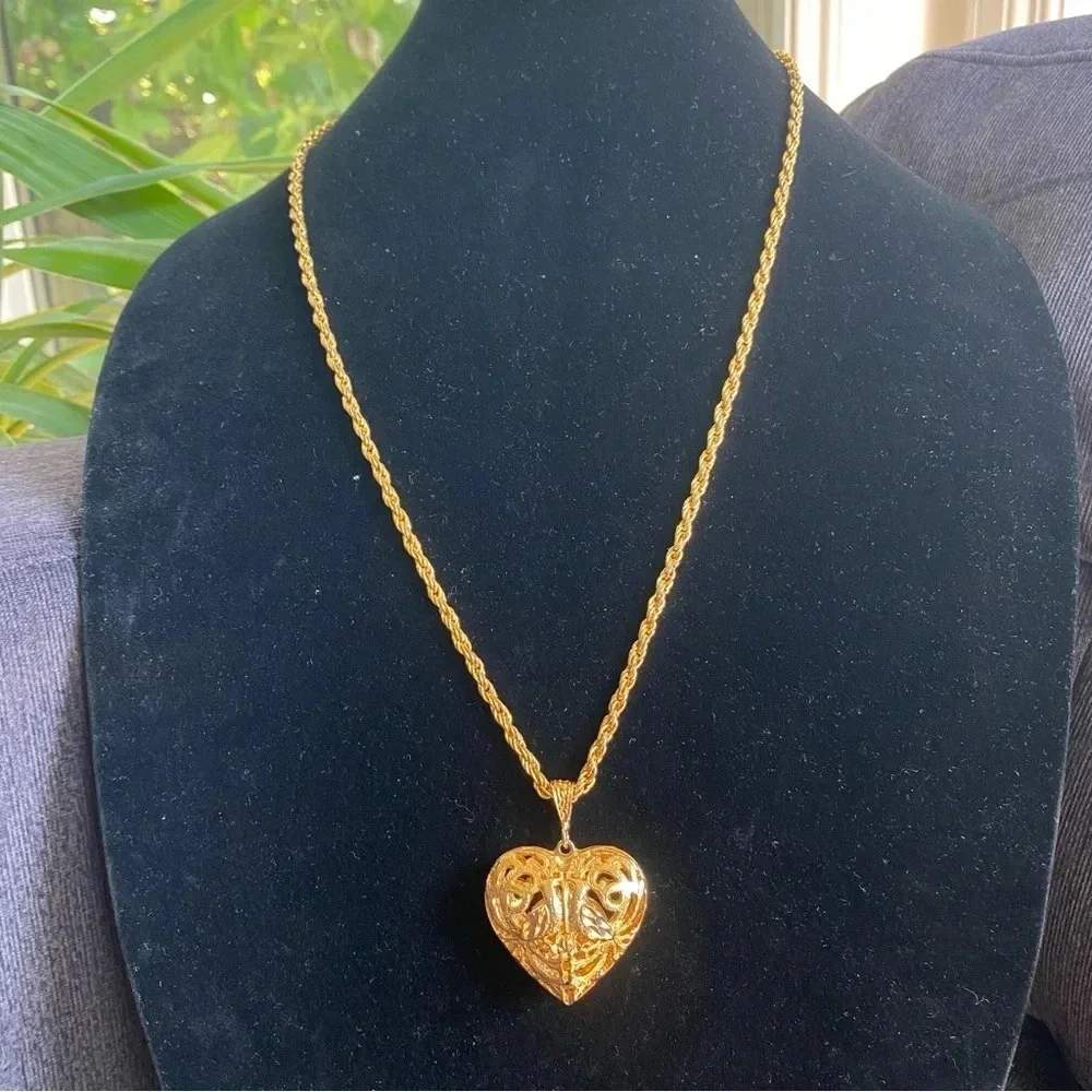 Vintage Puffy Heart Necklace in Gold Tone